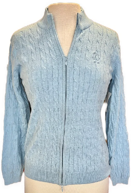 Peter Millar Women's Baby Blue Full-Zip Cable Knit Sweater Size L MSP$180 Zippered Front Buttoned Front Snap Front