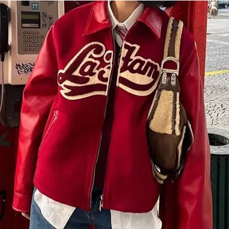 Wjczt 90s streetwear 2024 Spring and Autumn New Retro Lapel Letter Printed Coat Jacket Baseball Uniform Personalized Street Ribbed Jacket Pleated Jacket Ruffled Jacket