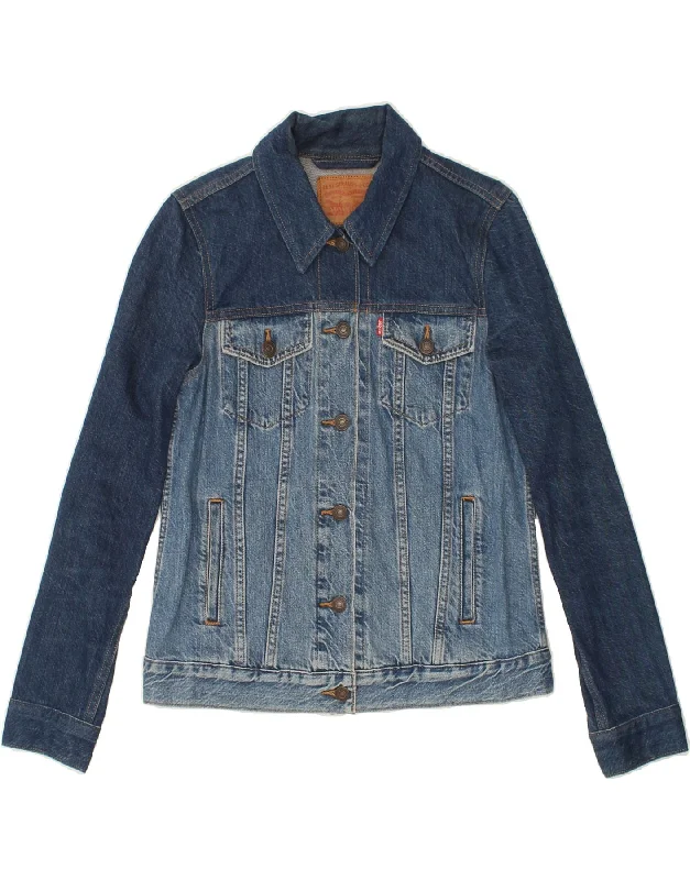 LEVI'S Womens Denim Jacket UK 10 Small Navy Blue Colourblock Herringbone Jacket Houndstooth Jacket Plaid Jacket