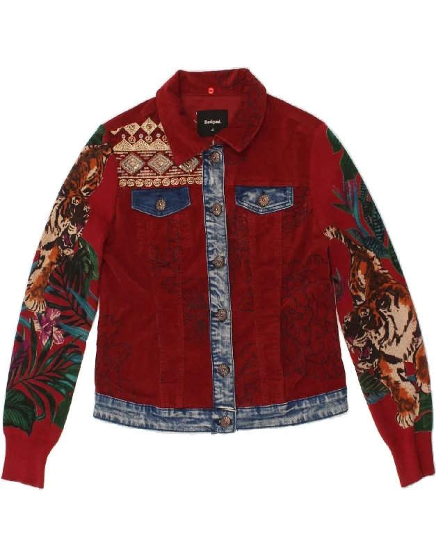 DESIGUAL Womens Crop Graphic Corduroy Jacket EU 40 Medium Red Floral Satin Jacket Silk Jacket Chiffon Jacket