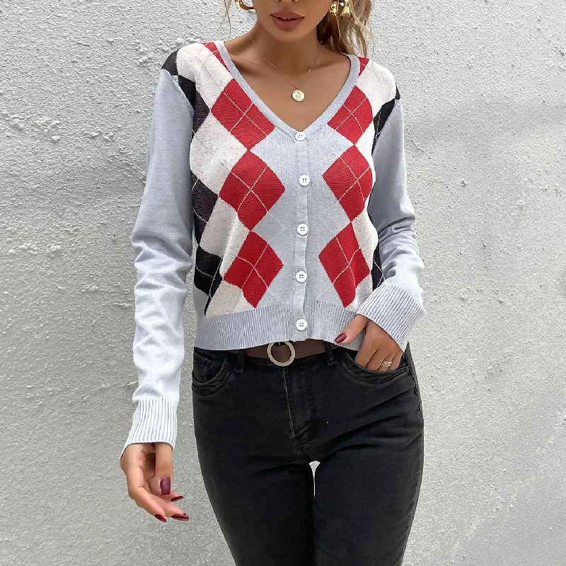 IKEARLAX popular autumn new New 2025 college rhombus v-neck sweater slim-fitting knitted cardigan women's long-sleeved top Wool Sweater Cotton Sweater Cashmere Sweater