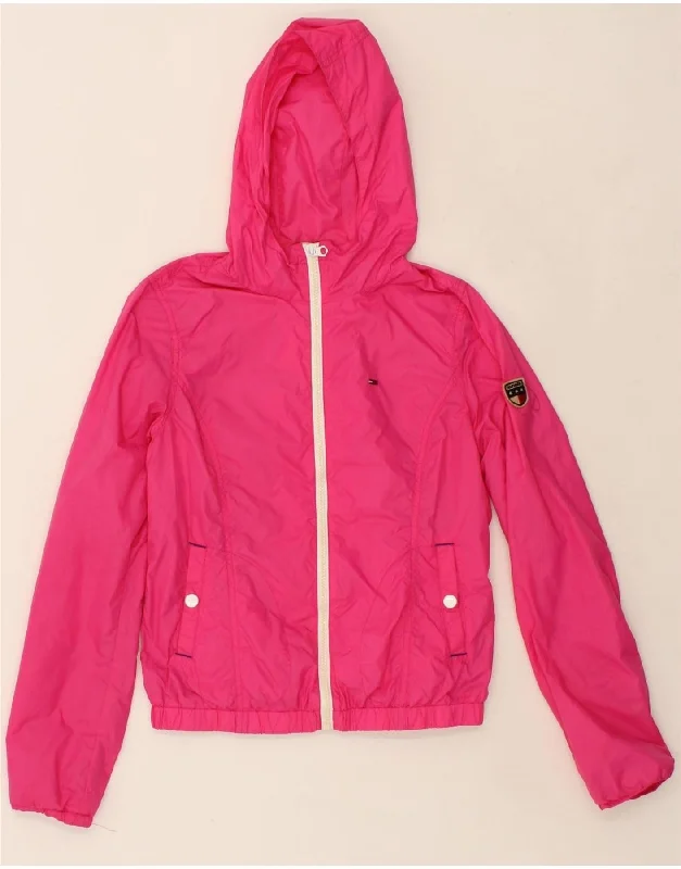 TOMMY HILFIGER Womens Hooded Rain Jacket UK 10 Small Pink Nylon Front Pockets Side Pockets Patch Pockets