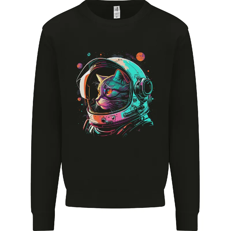 An Astronaut Cat in Outer Space Mens Sweatshirt Jumper Hoodie with Batwing Sleeves Loose Dramatic