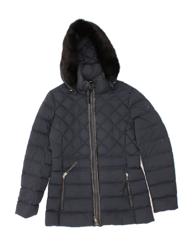 TOMMY HILFIGER Womens Hooded Padded Jacket UK 12 Medium Navy Blue Nylon Boat Neck Shawl Collar Notched Collar