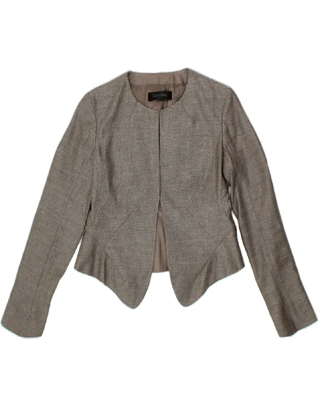 CALVIN KLEIN Womens Crop Blazer Jacket IT 38 XS Grey Ribbed Jacket Pleated Jacket Ruffled Jacket