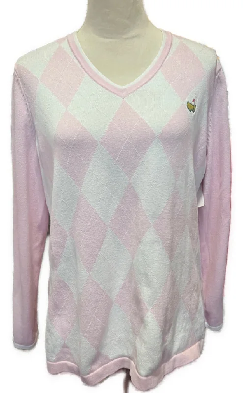 Magnolia Lane Collection Light Pink & White Argyle V-Neck Masters Sweater Size XL Handmade Hand-knitted Hand-woven