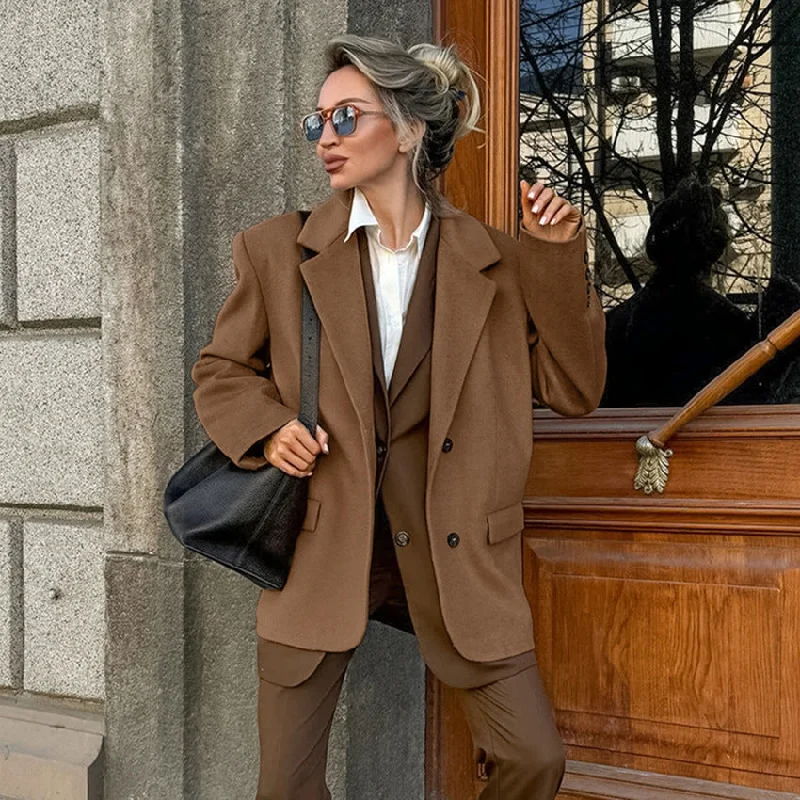 Wjczt Fall outfits Brown Woolen Overcoat for Women 2024 Winter French Retro Loose Thickened Casual Suit Jacket Old Money Style Wear Wool Fabric Cashmere Fabric Tweed Fabric