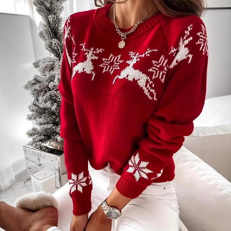 IKEARLAX 2025 Europe, America, autumn and winter new  women's Christmas sweater, elk partial jacquard pullover knitted long-sleeved top Cable Knit Ribbed Knit Lace Knit