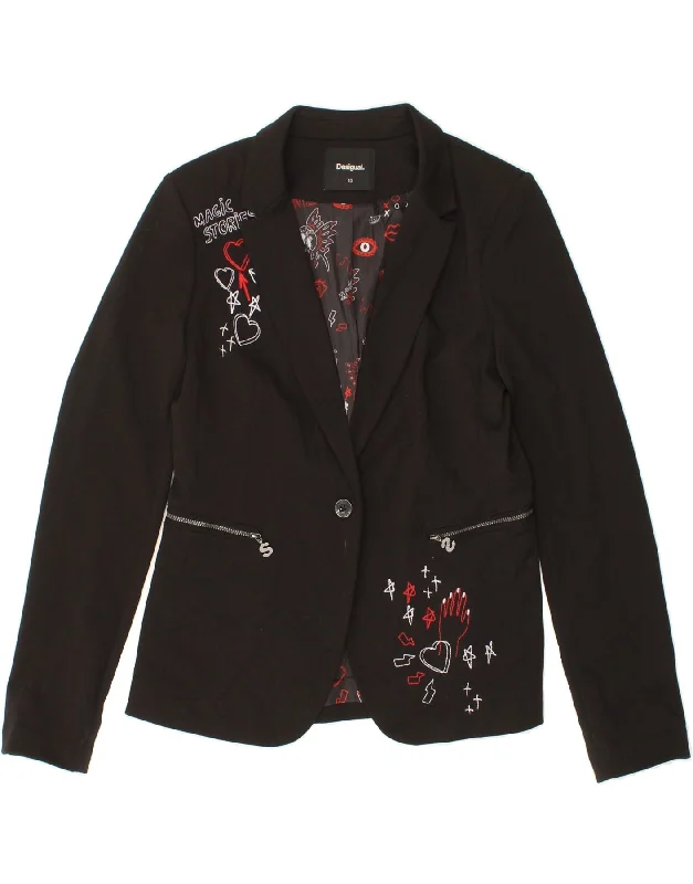 DESIGUAL Womens Graphic 1 Button Blazer Jacket EU 40 Medium Black Cotton Jacket Linen Jacket Terry Jacket