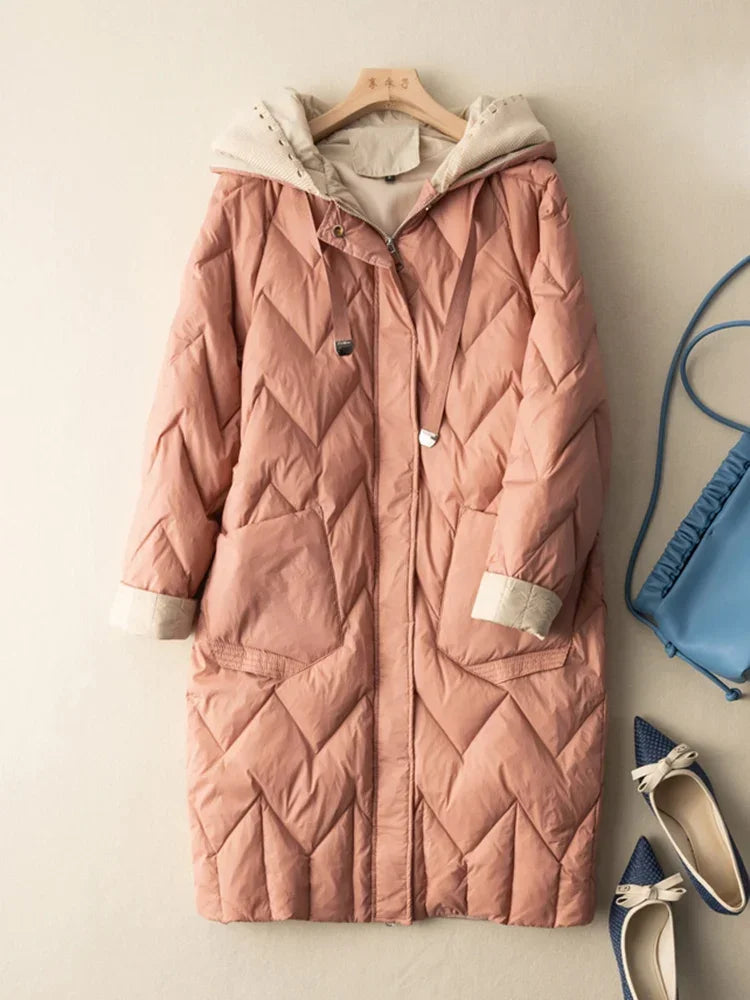 Wjczt Long Down Jacket Women Winter Warm Hooded Casual Korean White Duck Down Coat Female Long Sleeve Loose Parkas Snow Wear Outwear Boat Neck Shawl Collar Notched Collar