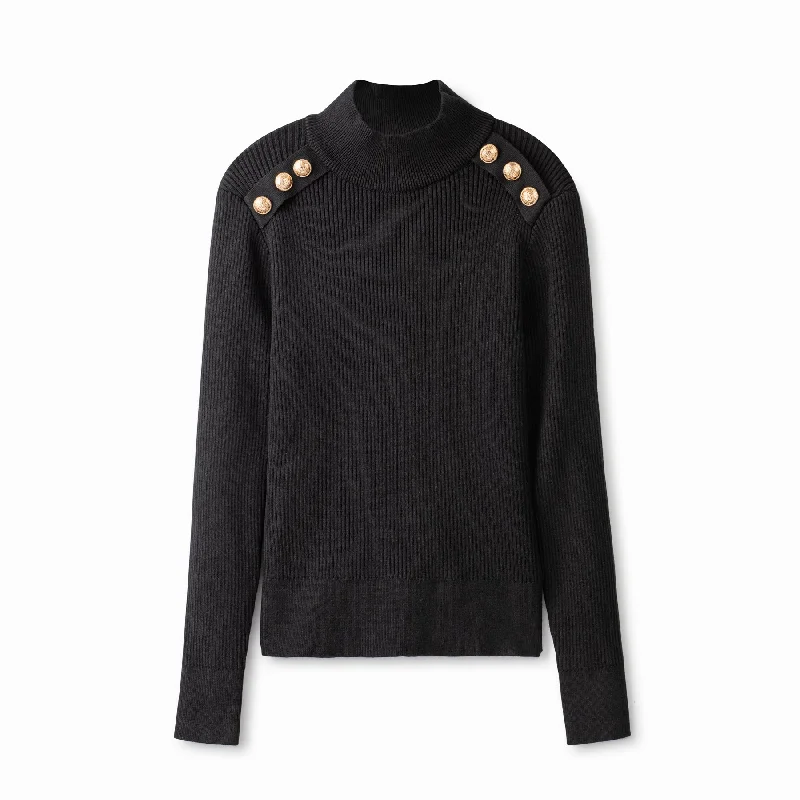 Gold Button Sweater IN: Black Hooded Caped Shawl Collar