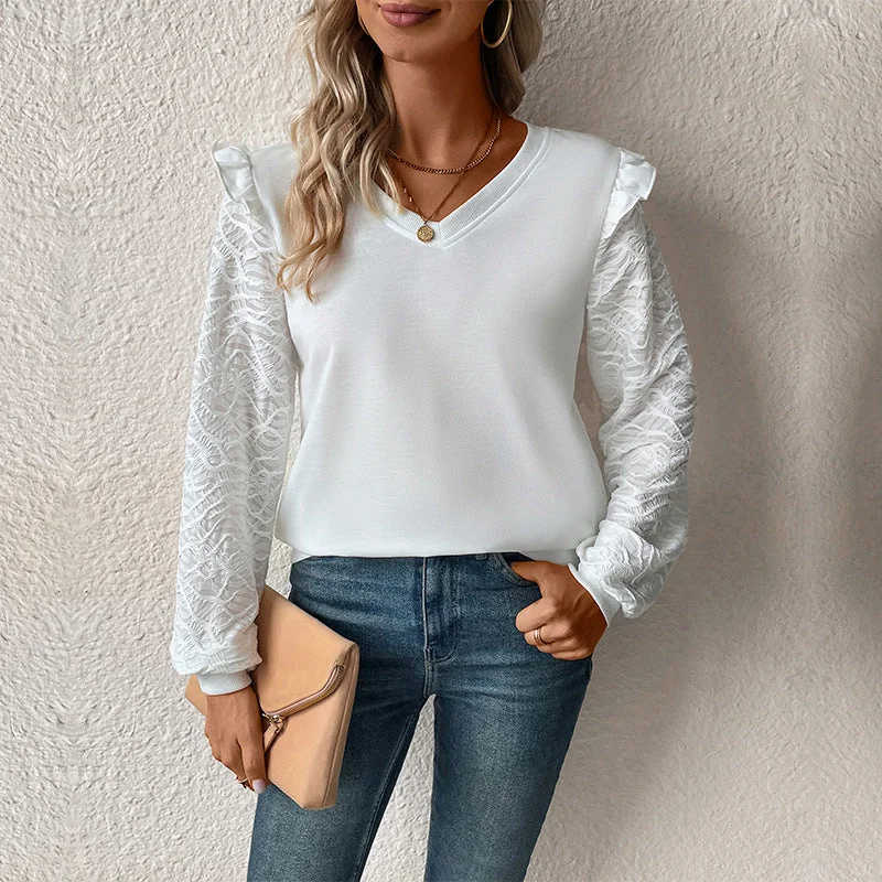 IKEARLAX Cross-border 2025 women's clothing tops New autumn popular pullover sweater V-neck solid color lace splicing long sleeve wholesale Ribbed Striped Patterned