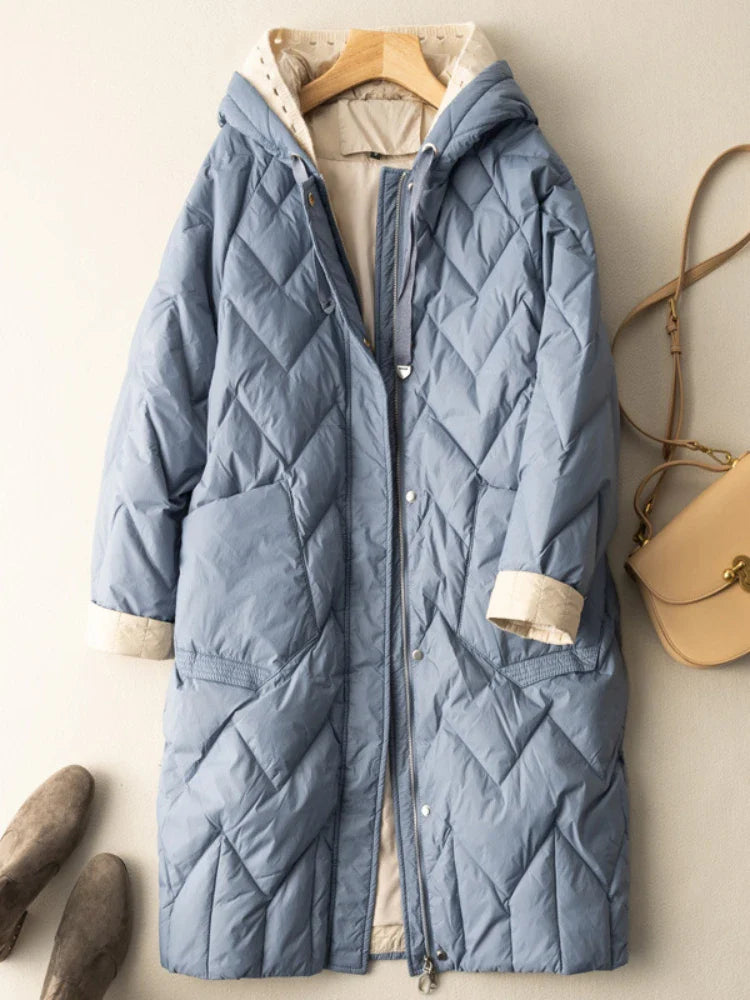 Wjczt Lightweight Down Jacket Women Loose Casual Hooded Winter Long Coat Female Casual Loose Plaid Parkas Snow Wear Outwear Elasticated Jacket Padded Jacket Insulated Jacket