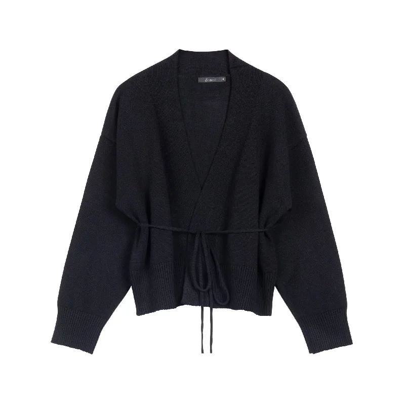 Belted Wrap Sweater | Black [Final Sale] Denim Fabric Leather Fabric Suede Fabric