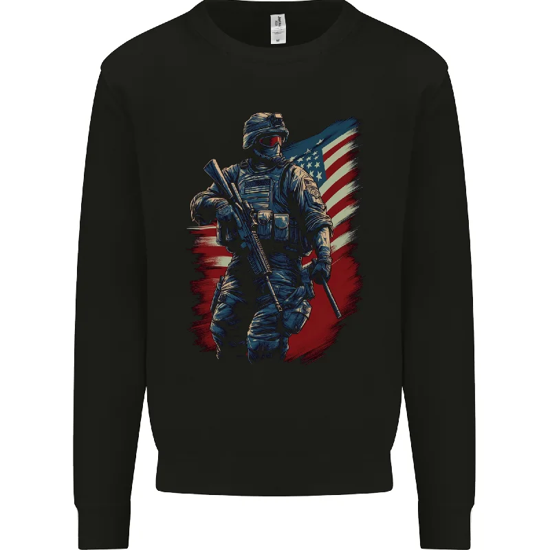 An American Soldier With USA Flag Army Marine Mens Sweatshirt Jumper Hoodie with Button Classic Timeless