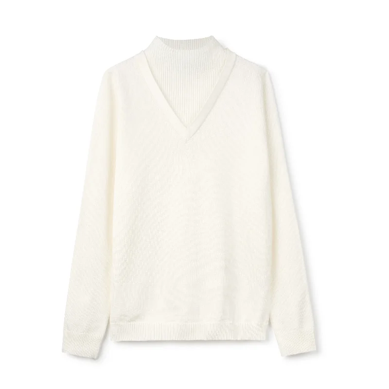 Mock V-Neck Sweater - Ivory Ribbed Striped Patterned