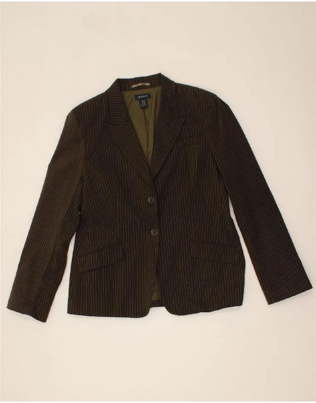 GANT Womens 2 Button Blazer Jacket UK 16 Large Khaki Pinstripe Cotton Nylon Jacket Polyester Jacket Spandex Jacket