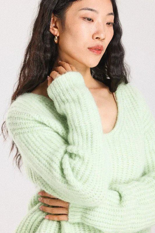 Immy V-neck Basic Alpaca Wool Knit Jumper  - Lime Collared Crew Neck Turtle Neck