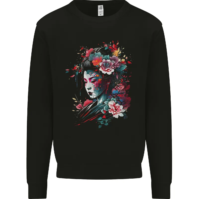 An Artistic Geisha Lady With Flowers Mens Sweatshirt Jumper Hoodie with Relaxed Fit Easy Casual