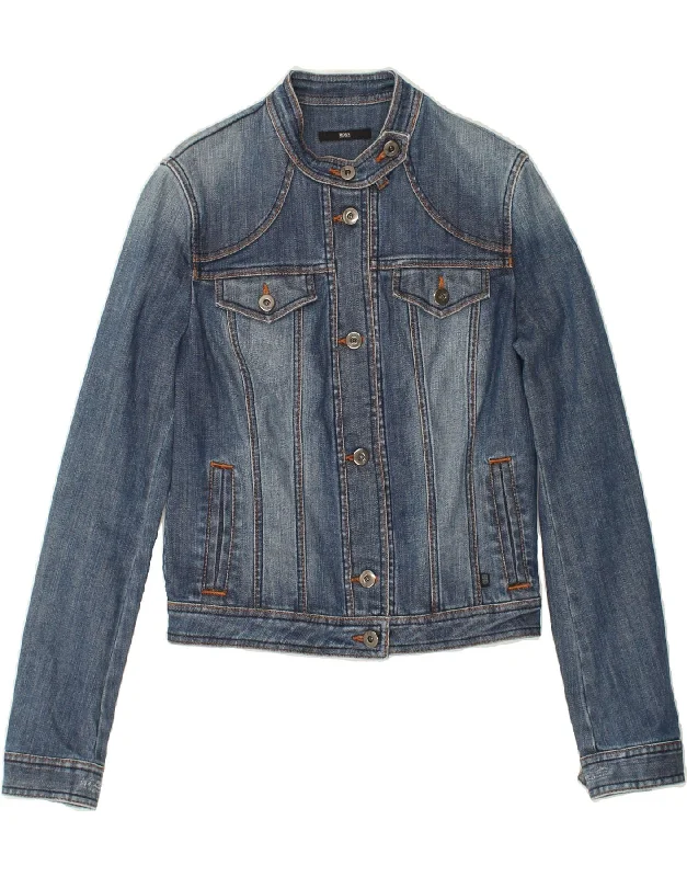 HUGO BOSS Womens Crop Denim Jacket UK 14 Large Blue Cotton Fitted Jacket Loose Jacket Oversized Jacket