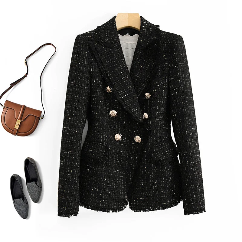 Wjczt Goddess temperament tweed suit jacket 2022 New double-breasted high-quality slim suit is thin and Small fragrance Jacket Women Plaid Jacket Tartan Jacket Houndstooth Jacket