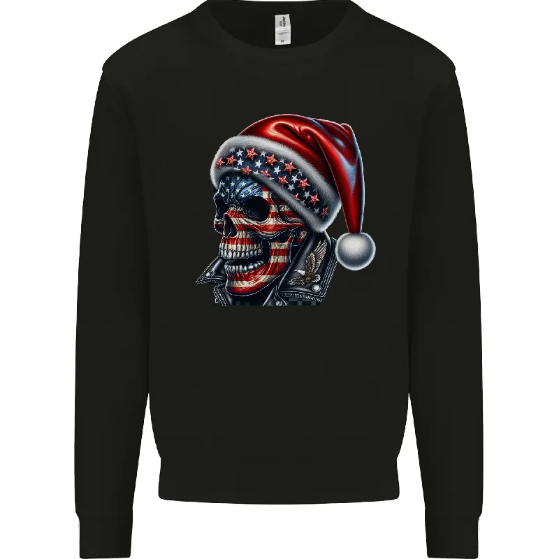 American Christmas Skull Xmas USA Flag Biker Mens Sweatshirt Jumper Hoodie Dress Longline Feminine