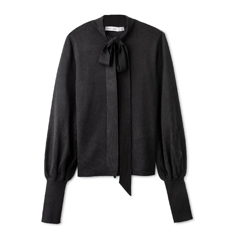 Tie Neck Sweater IN: Black Spandex Blend Rayon Blend Denim Blend