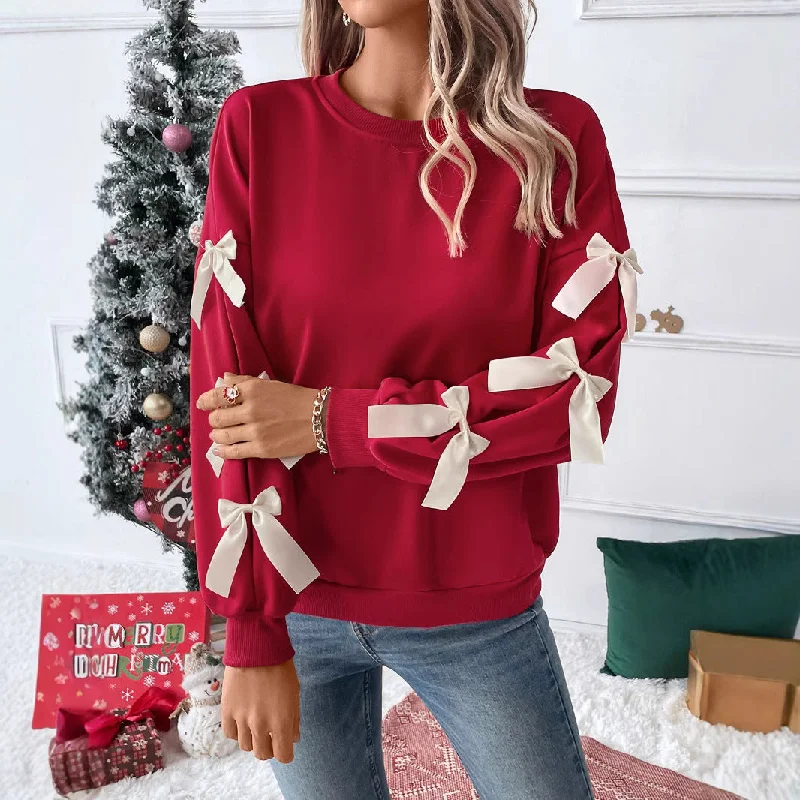 IKEARLAX New New autumn and winter new Valentine's Day 2025 tops  round neck bows red Christmas sweater women Cable Knit Ribbed Knit Lace Knit