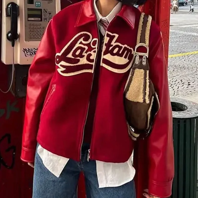 red printed coat