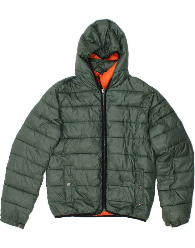 TOMMY HILFIGER Mens Hooded Padded Jacket UK 40 Large Green Nylon Mesh Jacket Canvas Jacket Denim Jacket