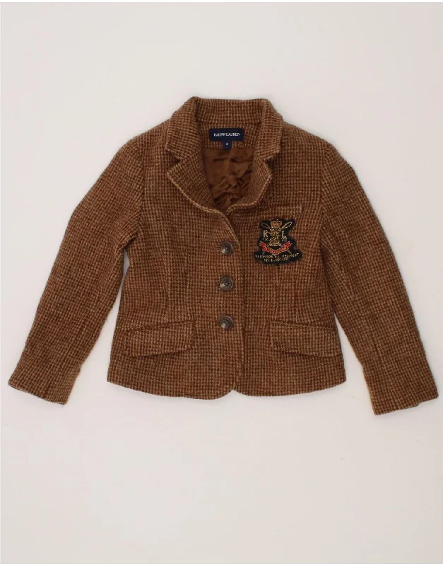 RALPH LAUREN Girls 3 Button Blazer Jacket 3-4 Years Brown Houndstooth Elasticated Jacket Padded Jacket Insulated Jacket