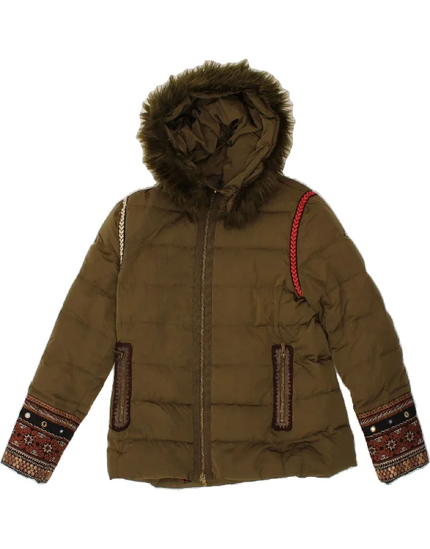 DESIGUAL Womens Hooded Padded Jacket EU 42 Large Khaki Polyester Print Jacket Jacquard Jacket Embroidered Jacket