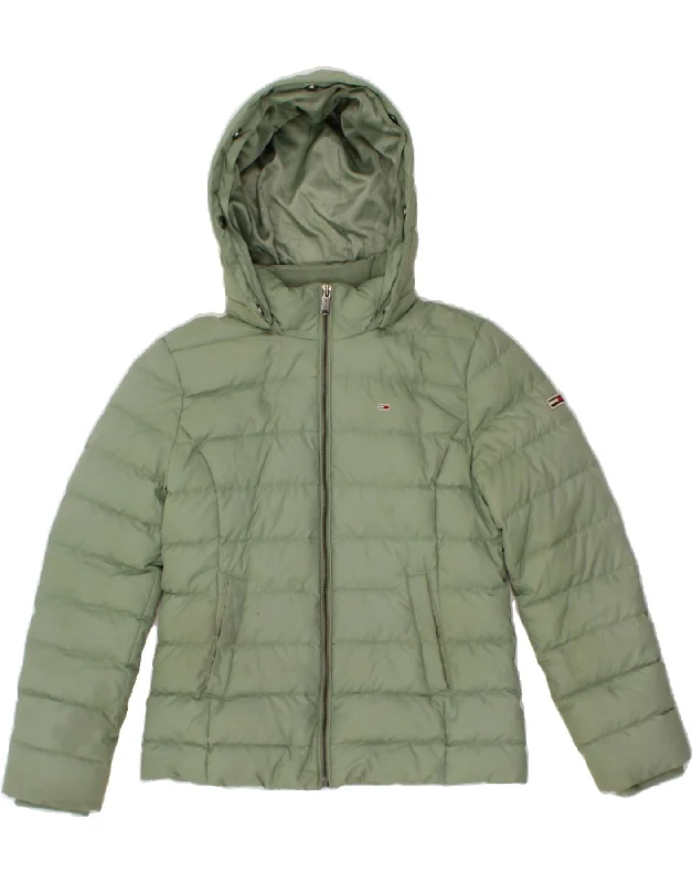 TOMMY HILFIGER Womens Hooded Padded Jacket UK 16 Large Green Polyester Fleece Jacket Down Jacket Feather Jacket