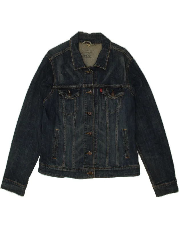 LEVI'S Womens Denim Jacket UK 18 XL Navy Blue Cotton Notch Collar Peter Pan Collar Cowl Neck