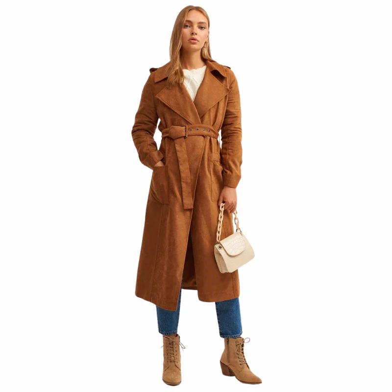 OXXO - Belted Vegan Suede Trench Coat Herringbone Houndstooth Plaid