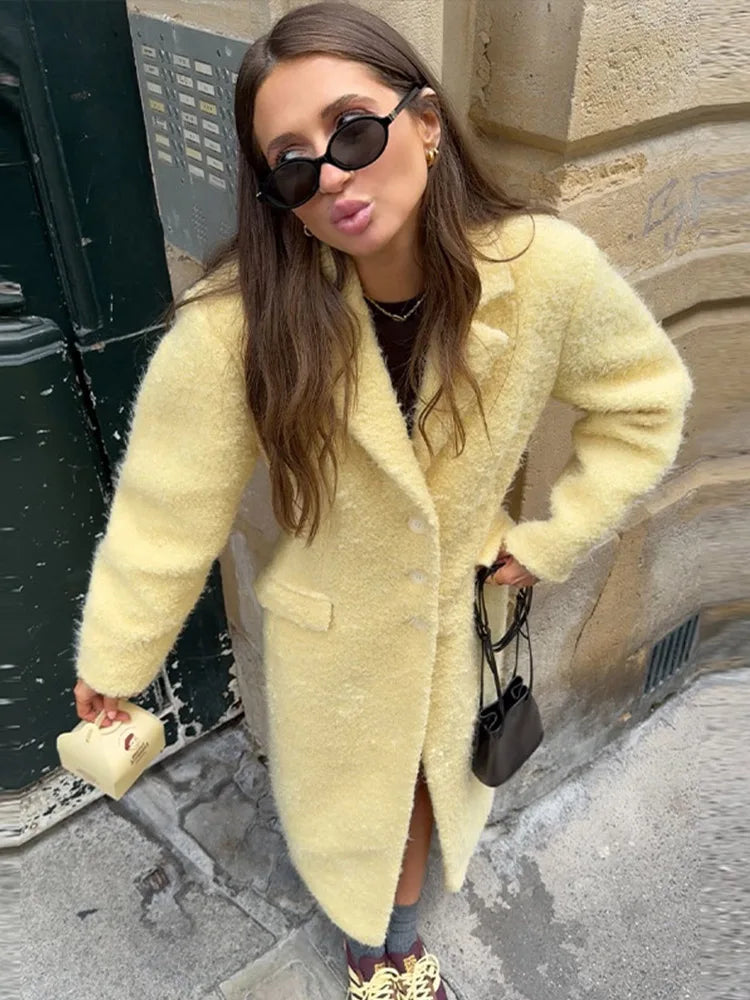 Lunivop Elegant Lapel Lamb Woolen Long Coats Women Casual Yellow Single Breasted Coat Female Autumn Winter Chic High Street Outwear Tops Kimono Robe Cloak