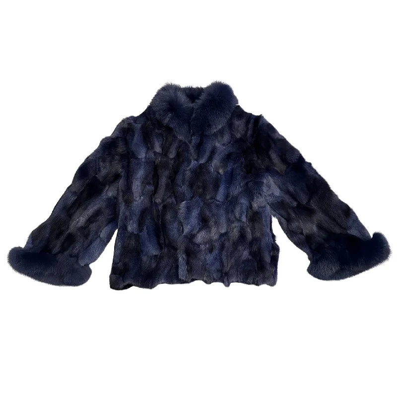 Kashani Ladies Navy Blue Diamond Cut Fox Fur Coat Asymmetrical Diagonal princess