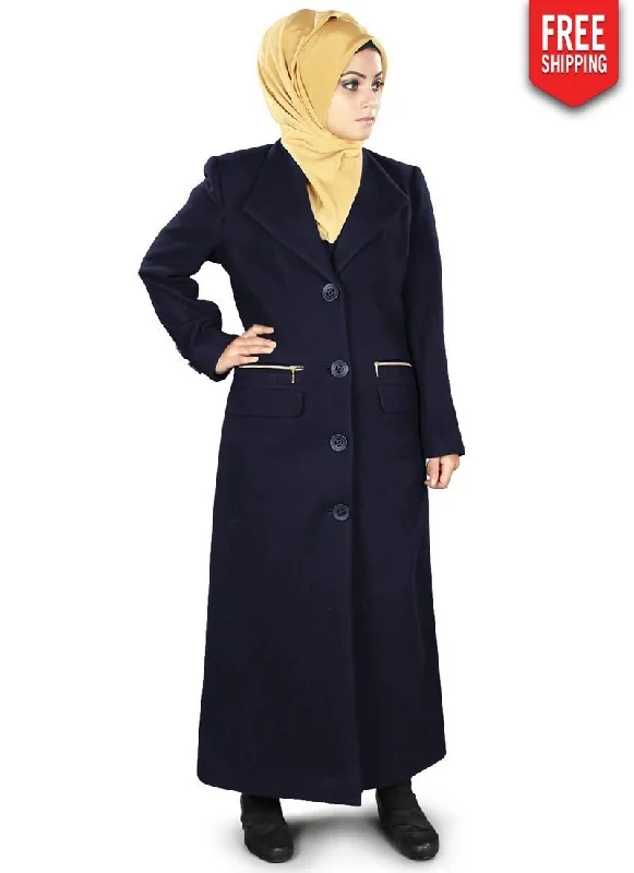 Wadiah Long Coat Navy Blue Embroidered Appliqued Beaded