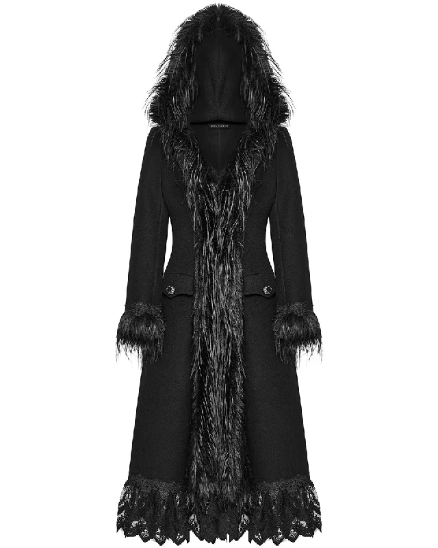 Punk Rave Womens Gothic Winter Fur & Lace Trimmed Hooded Coat - Extended Size Range Striped Polka Dot Solid