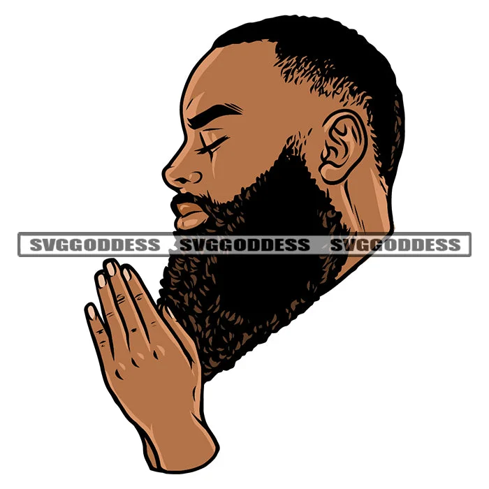 Hard Praying Hand African American Man Close Eyes Business Man Close Wearing Coat Vector White Background Long Bard Stylish SVG JPG PNG Vector Clipart Cricut Silhouette Cut Cutting Raincoat Turtleneck Coat Wrap Coat