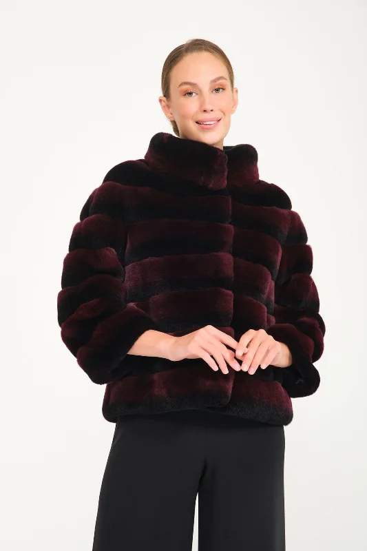 Burgundy Chinchilla Pattern Rex Fur Coat Boat Neck Jacket Square Neck Jacket One-Shoulder Jacket