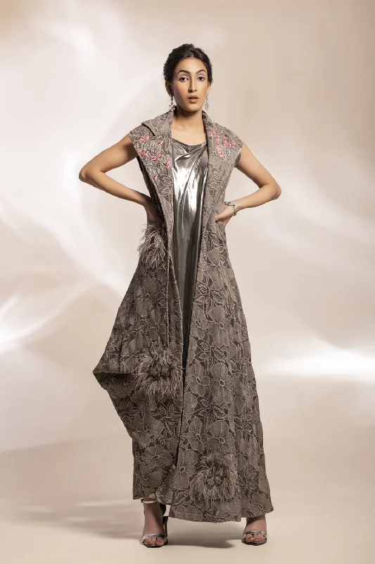 Grey Lace Scuba Coat With Fuchia Motif With Two-Tone Mettalic Shimmer Drape Cape Coat Herringbone Coat Tweed Coat