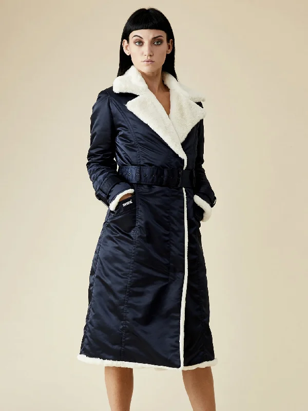 Teddy Faux Fur Coat, Navy Tie-Waist Belted Drawstring