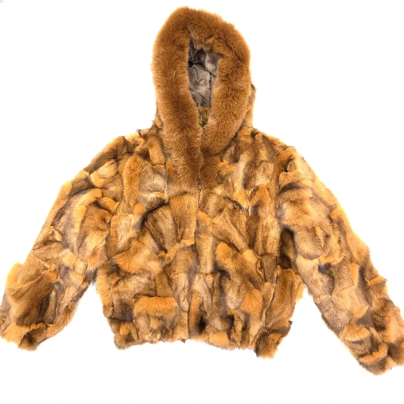 Kashani Women's Whiskey Full Fox Hooded Fur Coat Suede Jacket Faux Fur Jacket Puffer Jacket