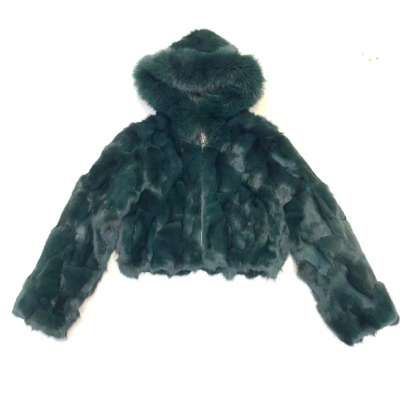 Kashani Ladies Green Hooded Fox Fur Coat Turtleneck Wrap Cape