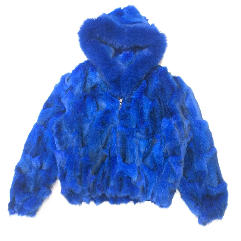 Kashani Women's Royal Blue Full Fox Fur  Hooded Bomber Coat Print Jacquard Embroidered