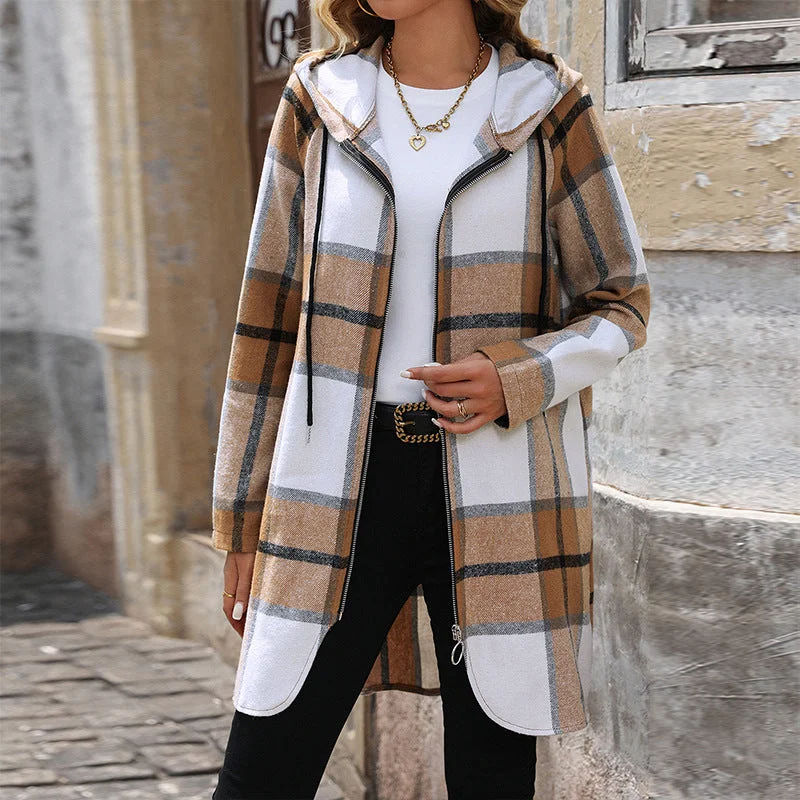 IKEARLAX 2025 foreign trade new retro classic plaid long coat loose casual hooded coat women Cuffed Rolled Raglan