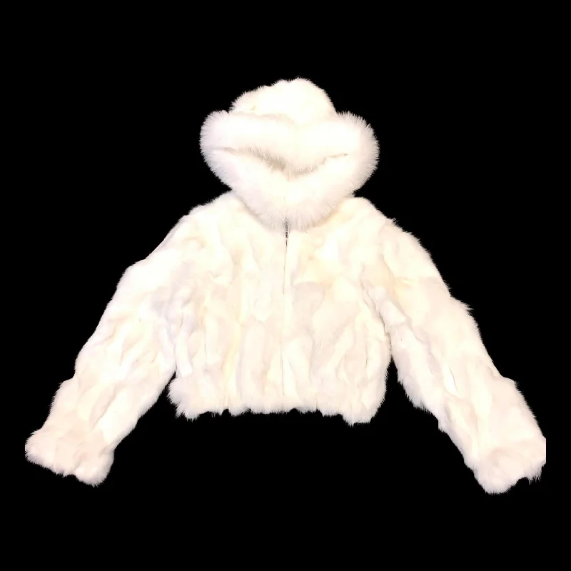 Kashani Ladies White Hooded Fox Fur Coat Anorak Windbreaker Fleece