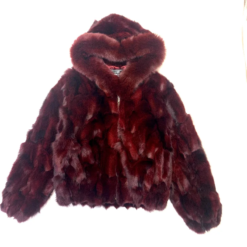 Kashani Women's Wine Full Fox Fur  Hooded Bomber Coat Appliqued Beaded Sequined