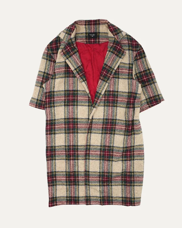 Short Sleeve Plaid Coat Shawl Collar Notch Collar Lapel Collar